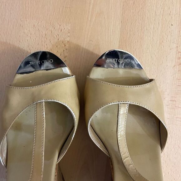 JIMMY CHOO Beige Patent Leather Pela Cork Wedge T Strap Sandals Size 38.5 - Picture 4 of 12